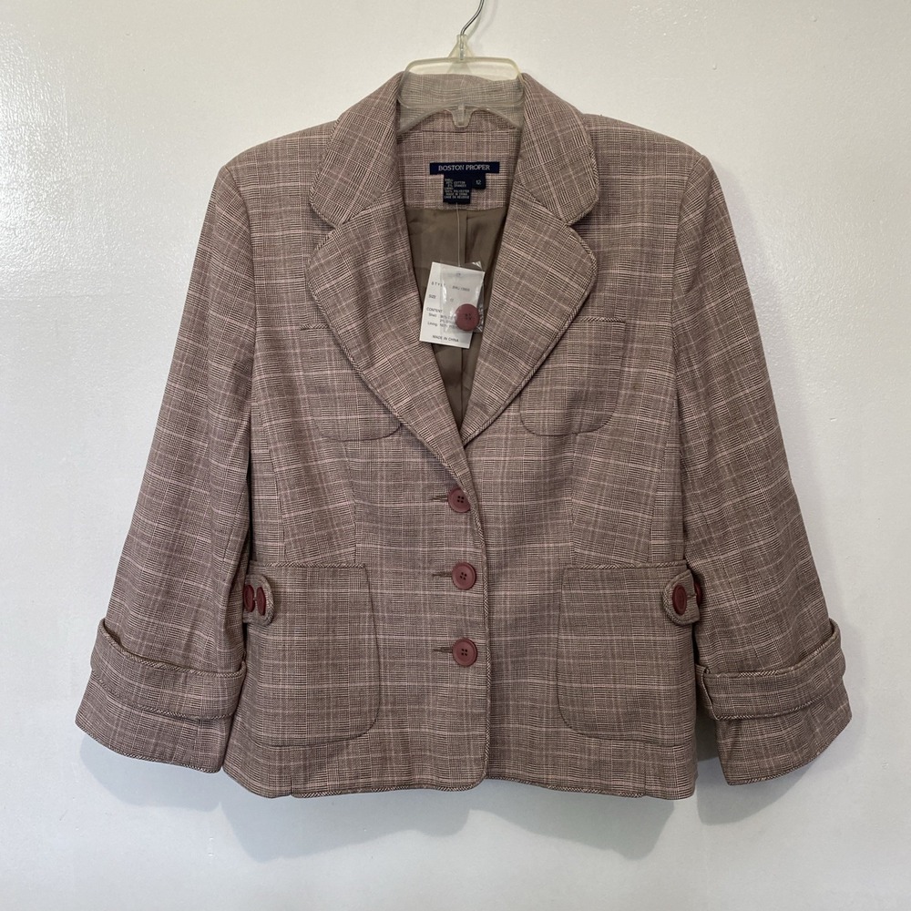 Boston Proper Blazer Jacket Brown/Gray/Pink Houndstooth 3 Button Size 12 Career